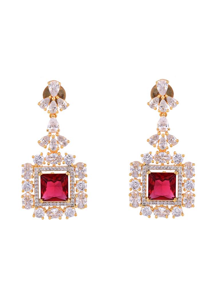 Gold Toned Ruby Studded Chandelier Drop Earrings : SJER1848