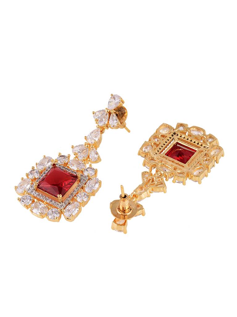 Gold Toned Ruby Studded Chandelier Drop Earrings : SJER1848