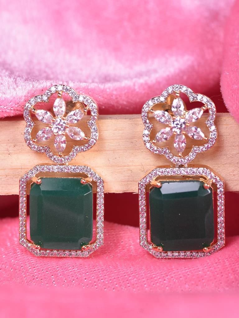 Gold Toned Emerald Green Ad Embellished Floral Earrings Gold