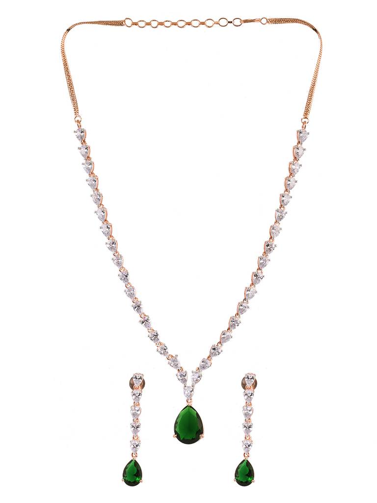 Rose Gold Toned Emerald Green Studded Designer Pendant Jewellery Set : SJNK1852
