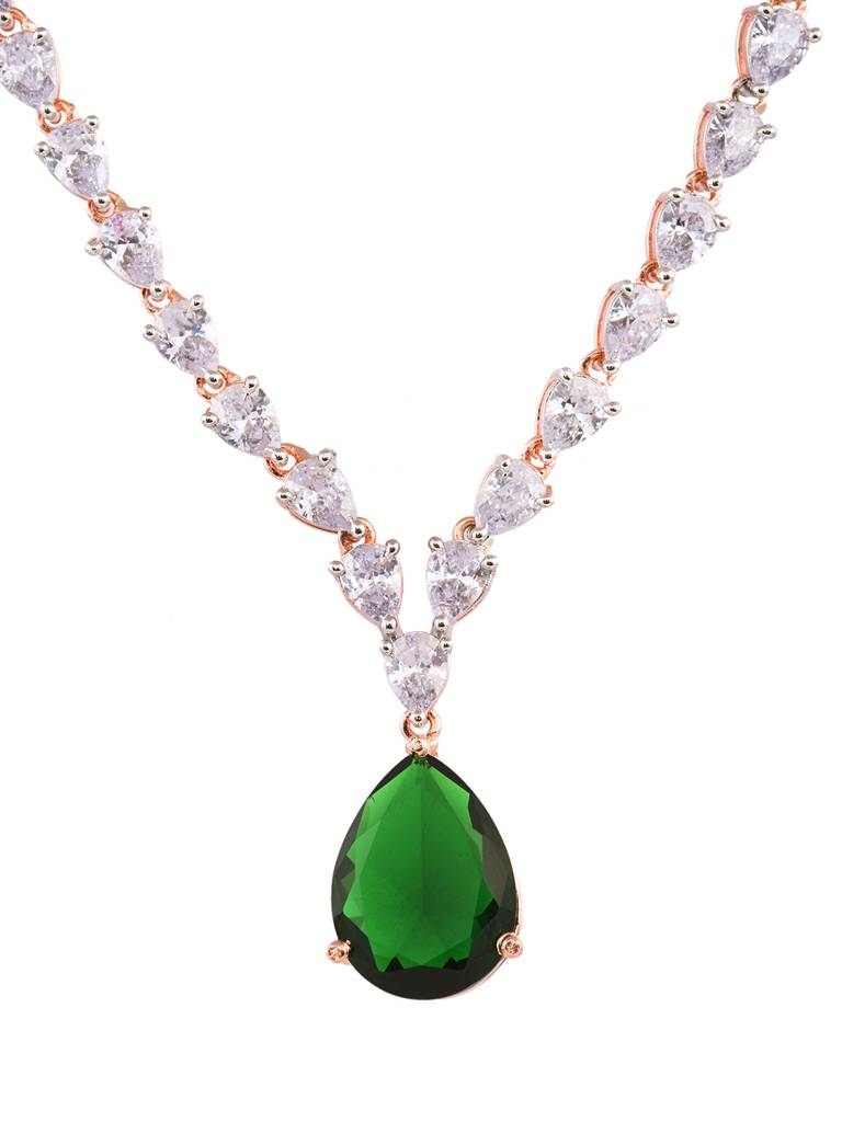 Rose Gold Toned Emerald Green Studded Designer Pendant Jewellery Set : SJNK1852