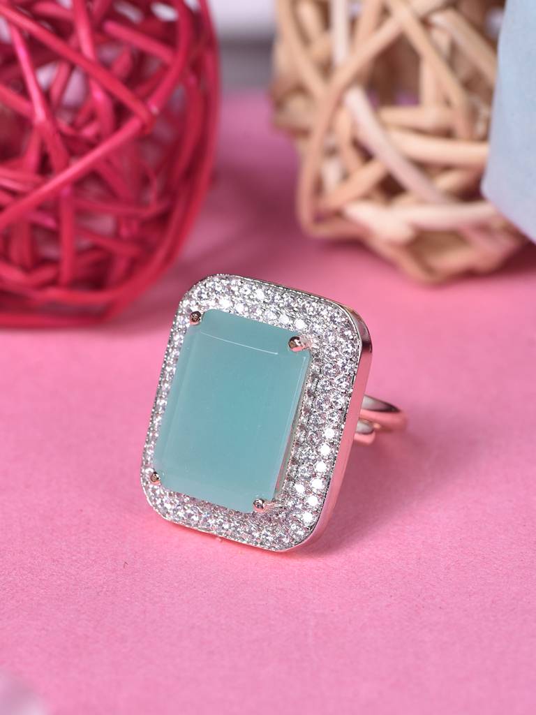 Rose Gold Plated Turquoise Glass Studded Statement Finger Ring : SJRG1853