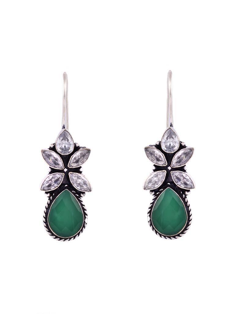 Silver Oxidised Green Ad Studded Drop Earringsearring : SJER1858