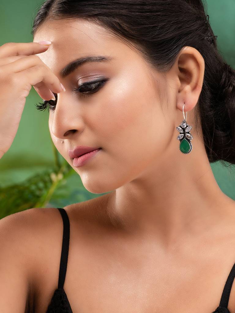 Silver Oxidised Green Ad Studded Drop Earringsearring : SJER1858