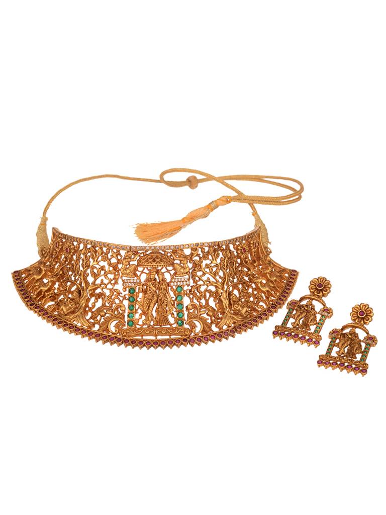 Gold Plated Green Stone Studded Radha Krishna Temple Jewellery Set : SJNK1860