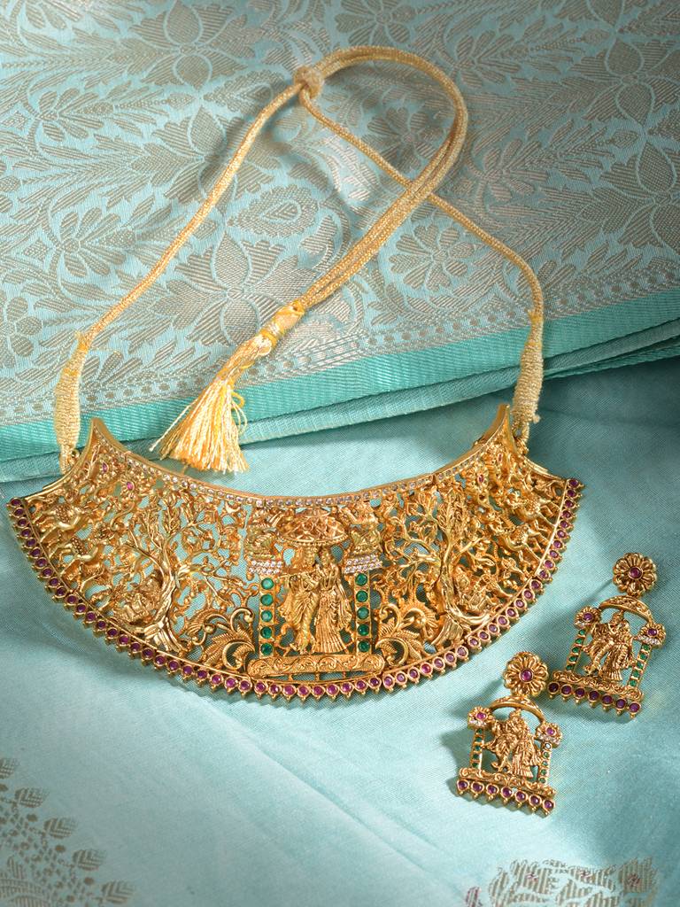 Gold Plated Green Stone Studded Radha Krishna Temple Jewellery Set : SJNK1860