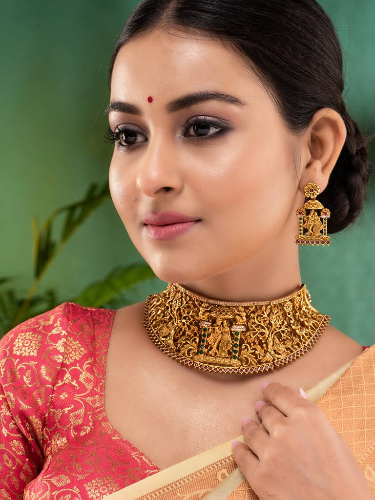 Gold Plated Green Stone Studded Radha Krishna Temple Jewellery Set : SJNK1860