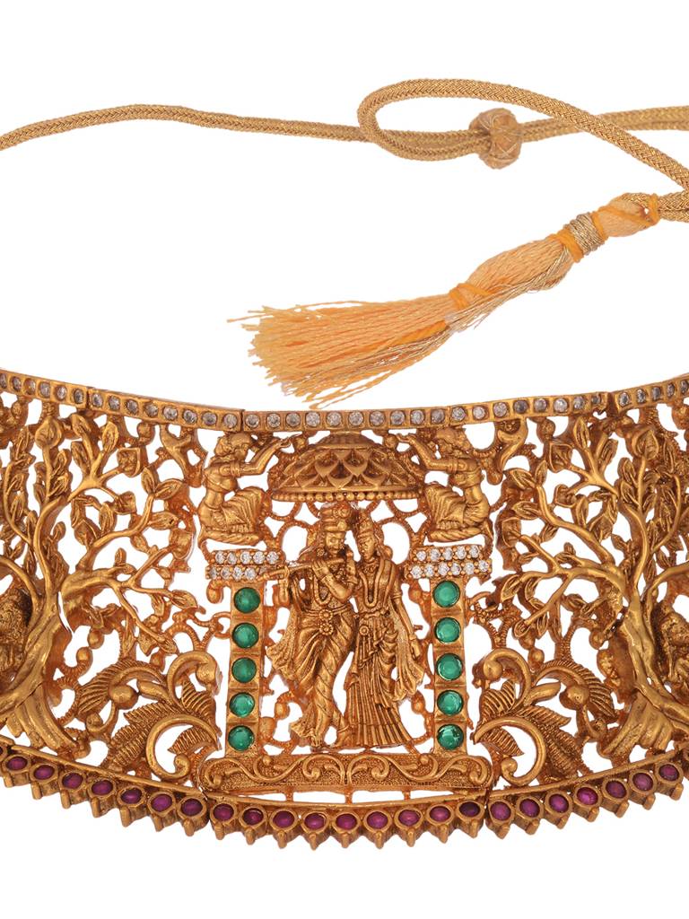 Gold Plated Green Stone Studded Radha Krishna Temple Jewellery Set : SJNK1860