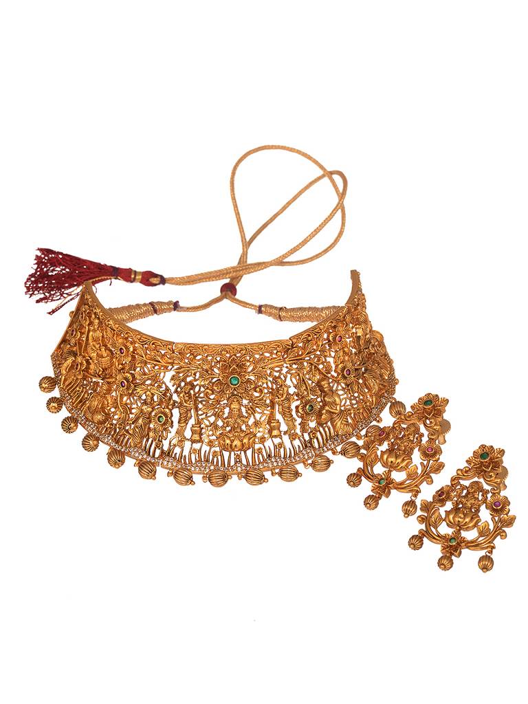 Gold Plated Green Lakshmiji Temple Choker Jewellery Set : SJNK1862