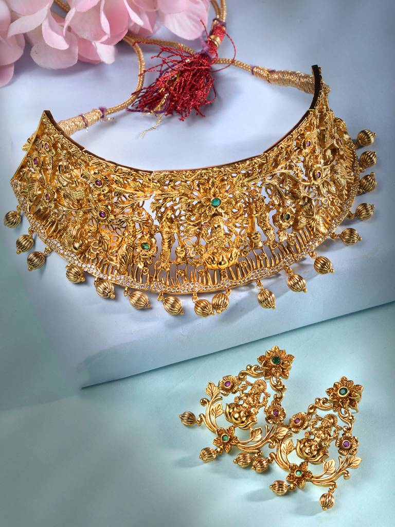 Gold Plated Green Lakshmiji Temple Choker Jewellery Set : SJNK1862