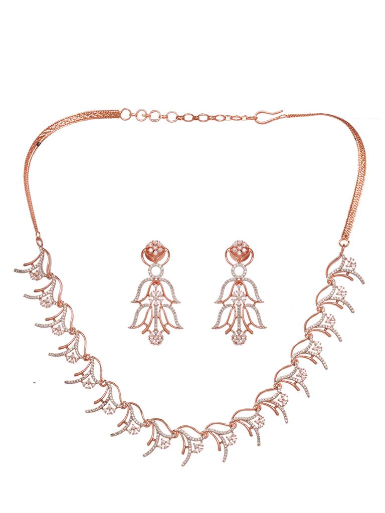 Rose Gold Plated Ad Studded Floral Minimal Necklace Jewellery Set For Women : SJNK1870
