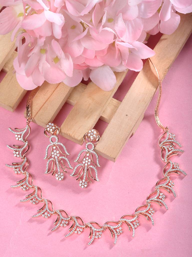 Rose Gold Plated Ad Studded Floral Minimal Necklace Jewellery Set For Women : SJNK1870