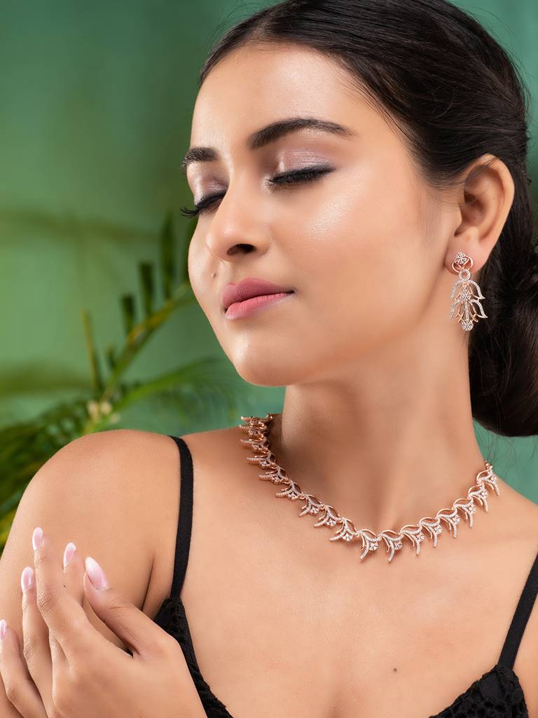 Rose Gold Plated Ad Studded Floral Minimal Necklace Jewellery Set For Women : SJNK1870