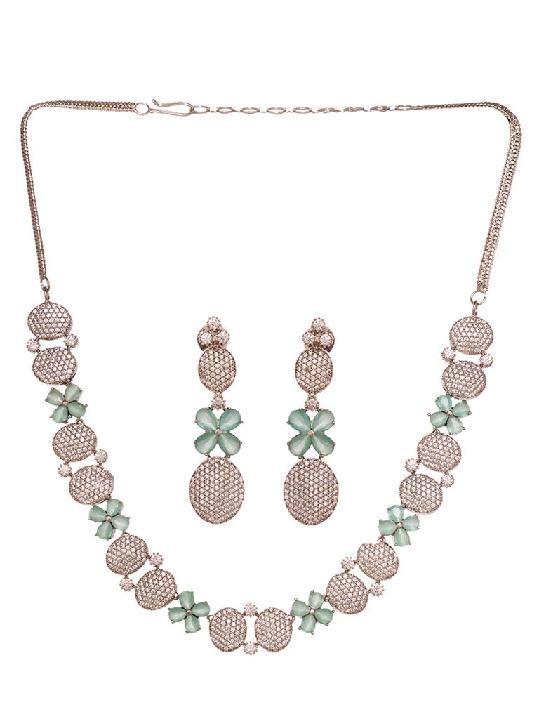 Rose Gold Plated Mint Ad Studded Statement Necklace Jewellery Set : SJNK1871