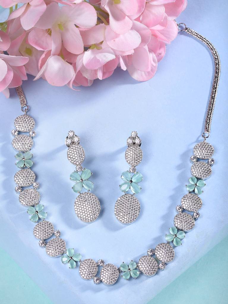 Rose Gold Plated Mint Ad Studded Statement Necklace Jewellery Set : SJNK1871