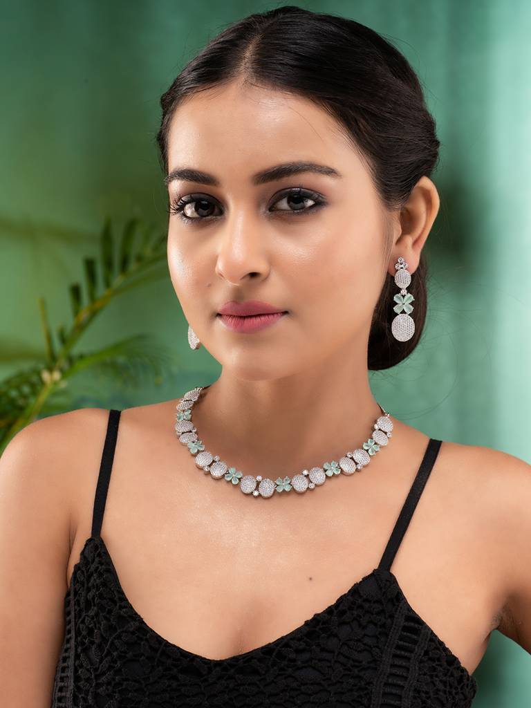 Rose Gold Plated Mint Ad Studded Statement Necklace Jewellery Set : SJNK1871