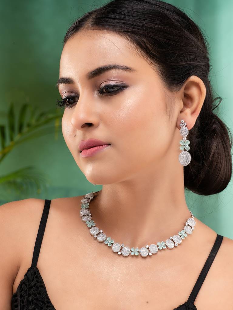 Rose Gold Plated Mint Ad Studded Statement Necklace Jewellery Set : SJNK1871