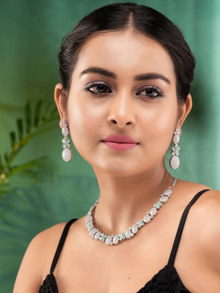 Rose Gold Plated Mint Ad Studded Statement Necklace Jewellery Set : SJNK1871