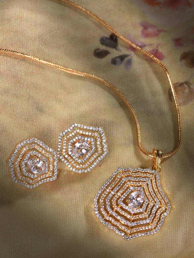 Gold Plated Ad Studded Statement Pendant Jewellery Set : SJLK1874