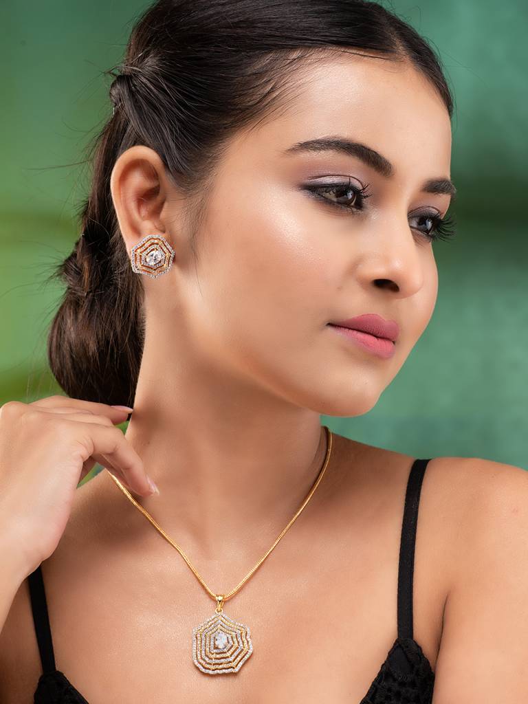 Gold Plated Ad Studded Statement Pendant Jewellery Set : SJLK1874