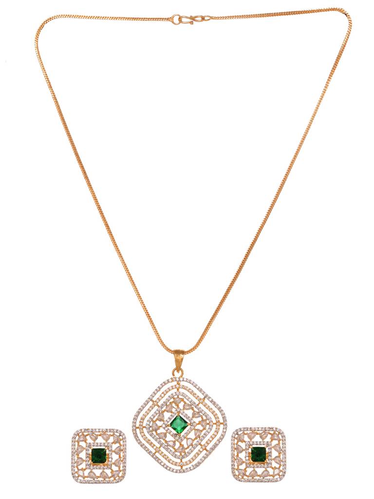 Gold Toned Green Ad Embellished Designer Pendant Jewellery Set : SJLK1876