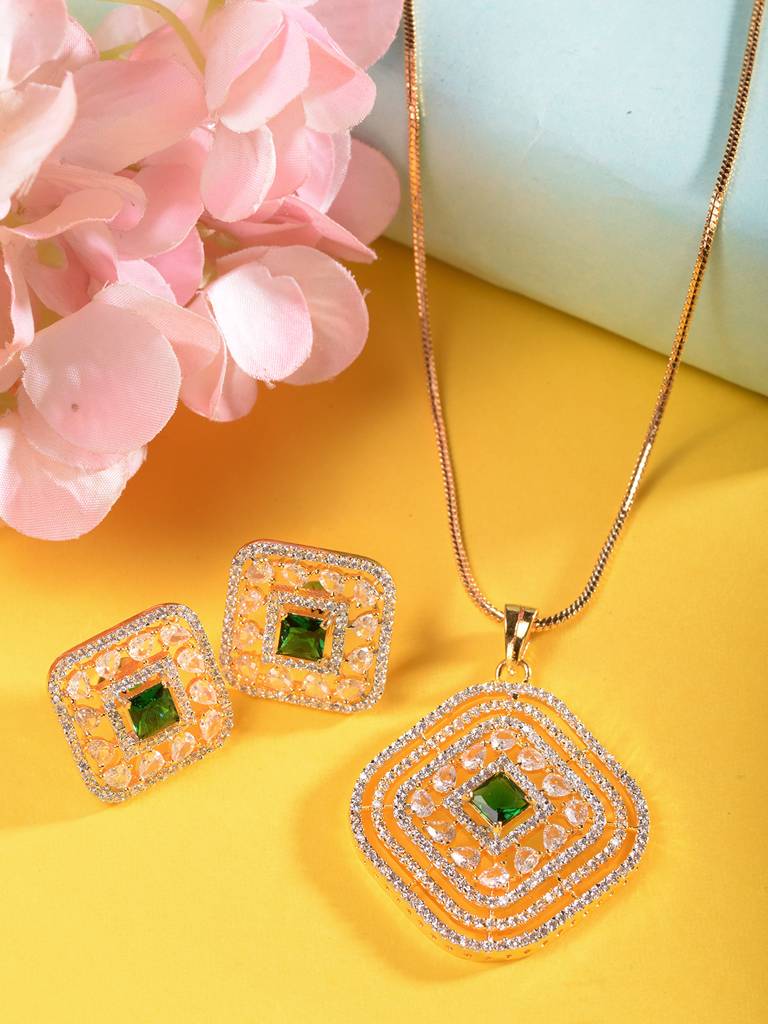 Gold Toned Green Ad Embellished Designer Pendant Jewellery Set : SJLK1876