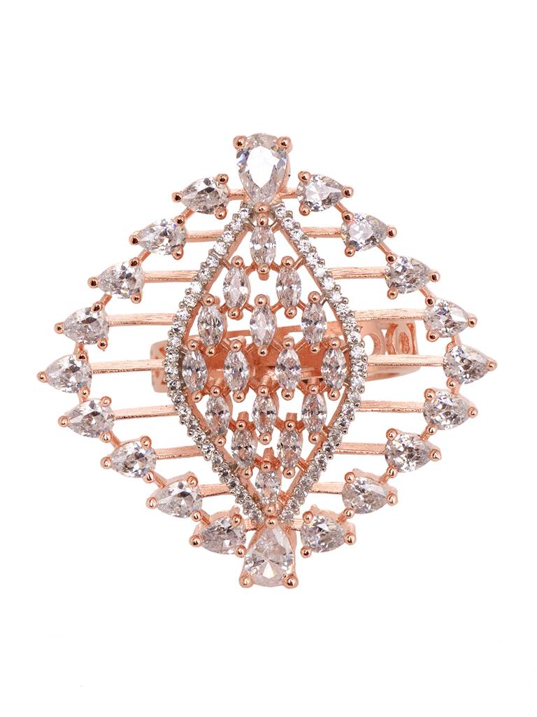 Rose Gold Toned White Ad Studded Statement Finger Ring : SJRG1877