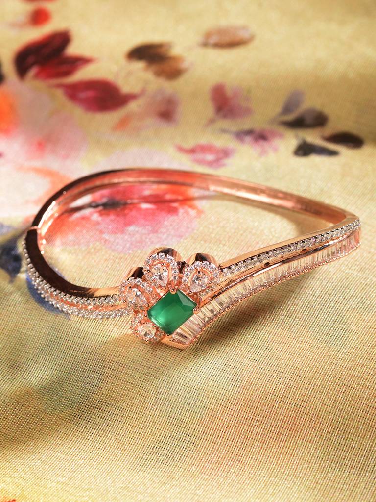 Rose Gold Plated Green Ad Studded Minimal Kada Braceletbracelet : SJBR1880
