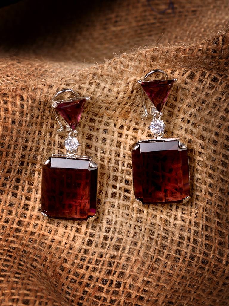 Silver Plated Maroon Faux Glass Studded Statement Earrings : SJER1882