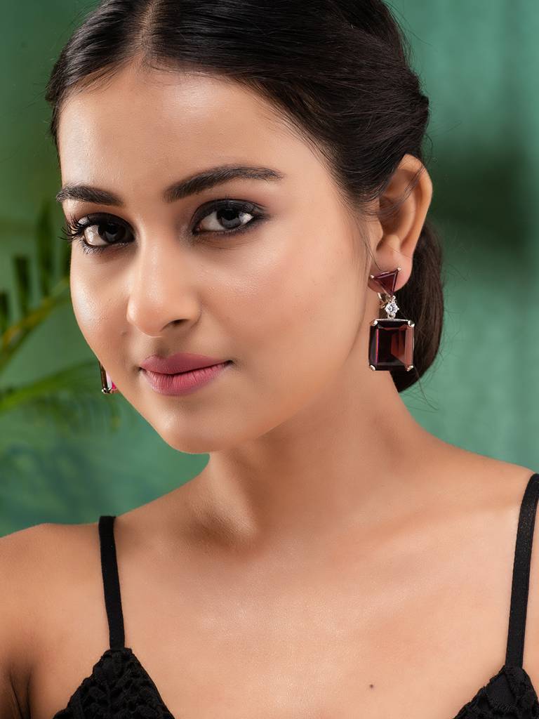 Silver Plated Maroon Faux Glass Studded Statement Earrings : SJER1882