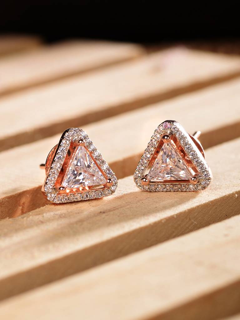 Rose Gold Plated White Ad Studded Minimal Studs Earrings : SJER1883