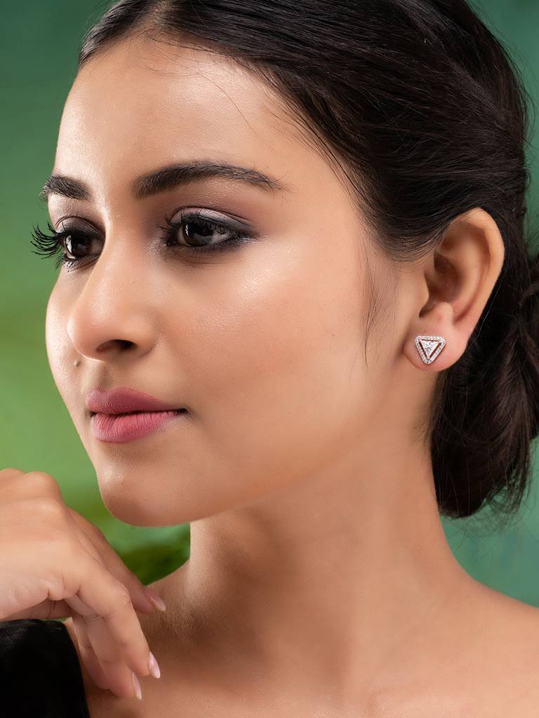 Rose Gold Plated White Ad Studded Minimal Studs Earrings : SJER1883