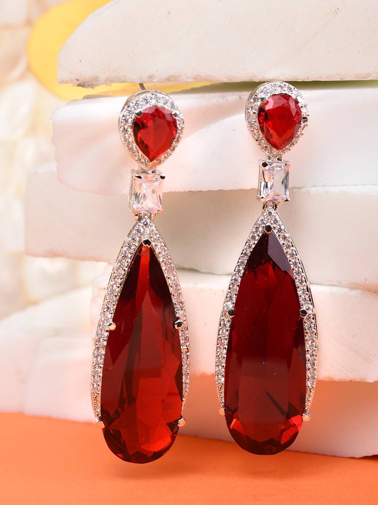 Silver Toned Red Ad Studded Faux Statement Drop Earring : SJER1885