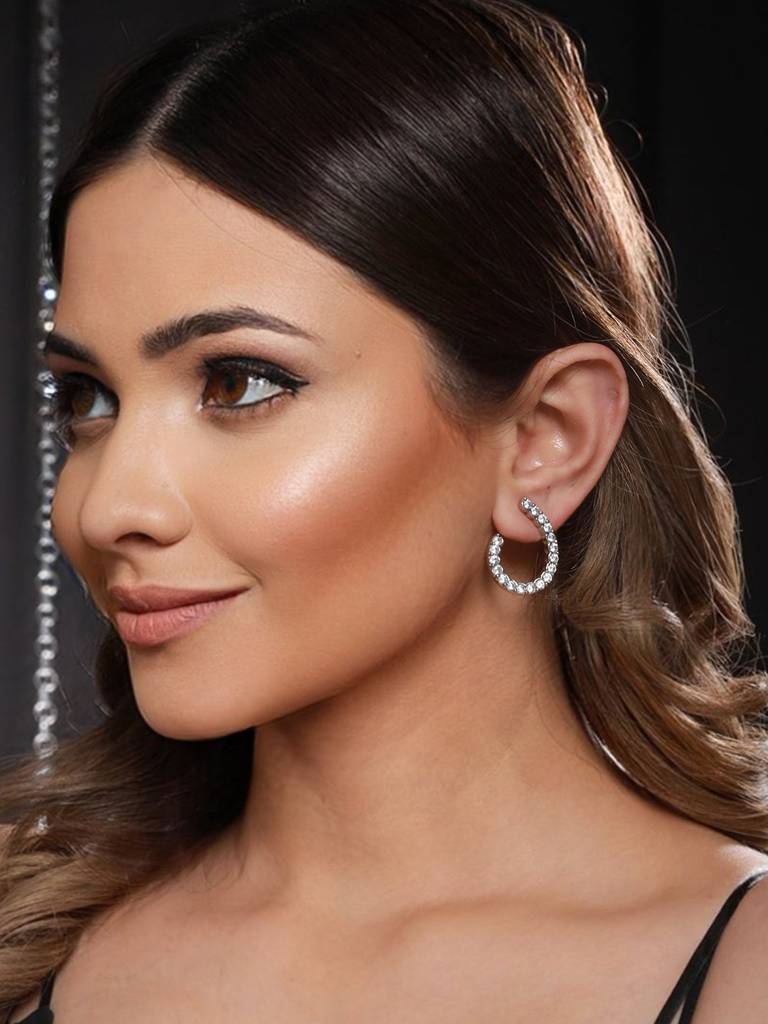 Silver Toned Ad Studded Hoop Earrings : SJER1888