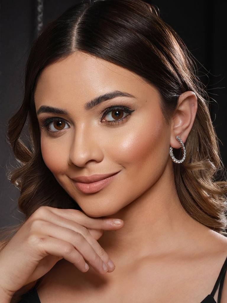 Silver Toned Ad Studded Hoop Earrings : SJER1888