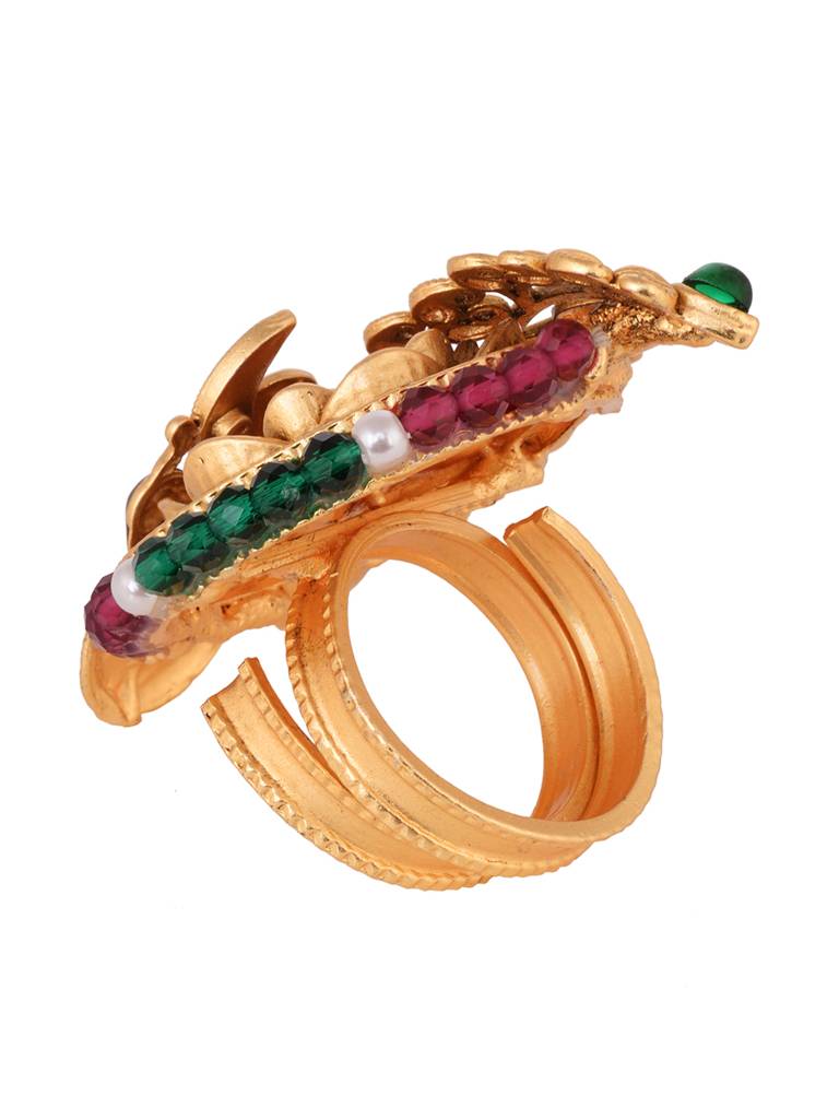 Gold Plated Red Kemp Studded Enchanting Krishna Adjustable Finger Ring : SJRG1890