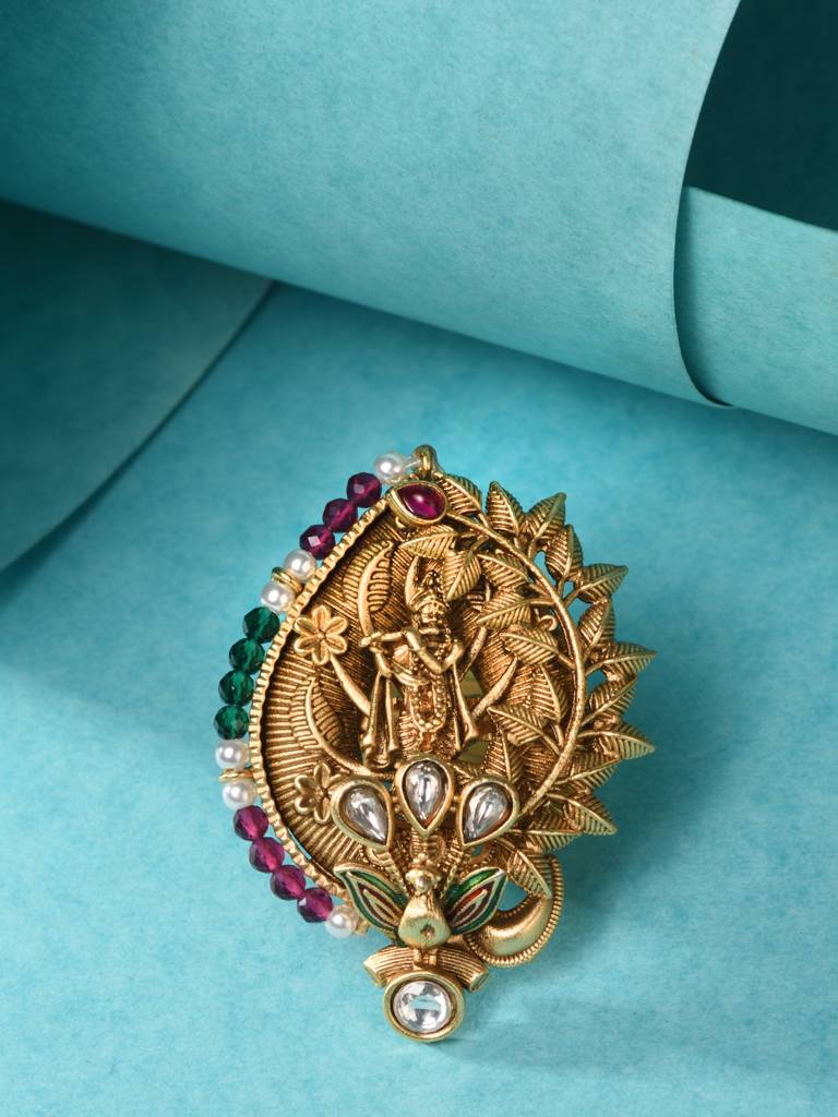 Gold Plated Red Kemp Studded Enchanting Krishna Adjustable Finger Ring : SJRG1890