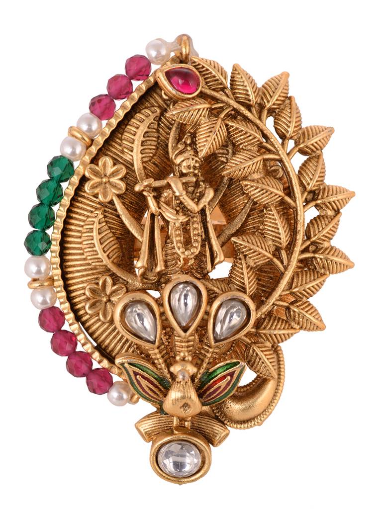 Gold Plated Red Kemp Studded Enchanting Krishna Adjustable Finger Ring : SJRG1890