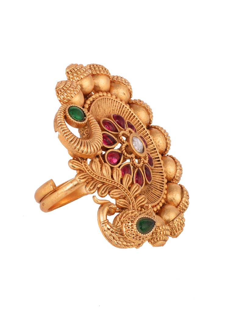 Gold Plated Red Kemp Embellished Peacock Statement Finger Ring : SJRG1893