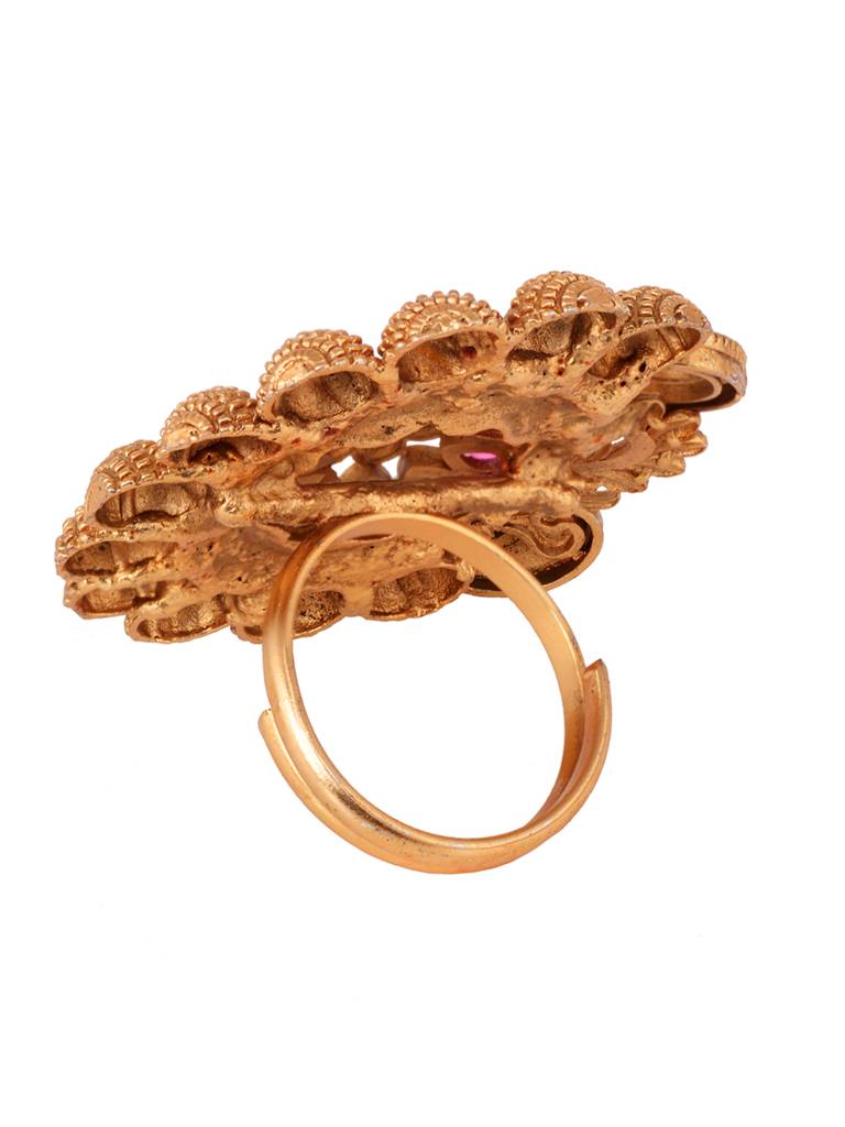 Gold Plated Red Kemp Embellished Peacock Statement Finger Ring : SJRG1893