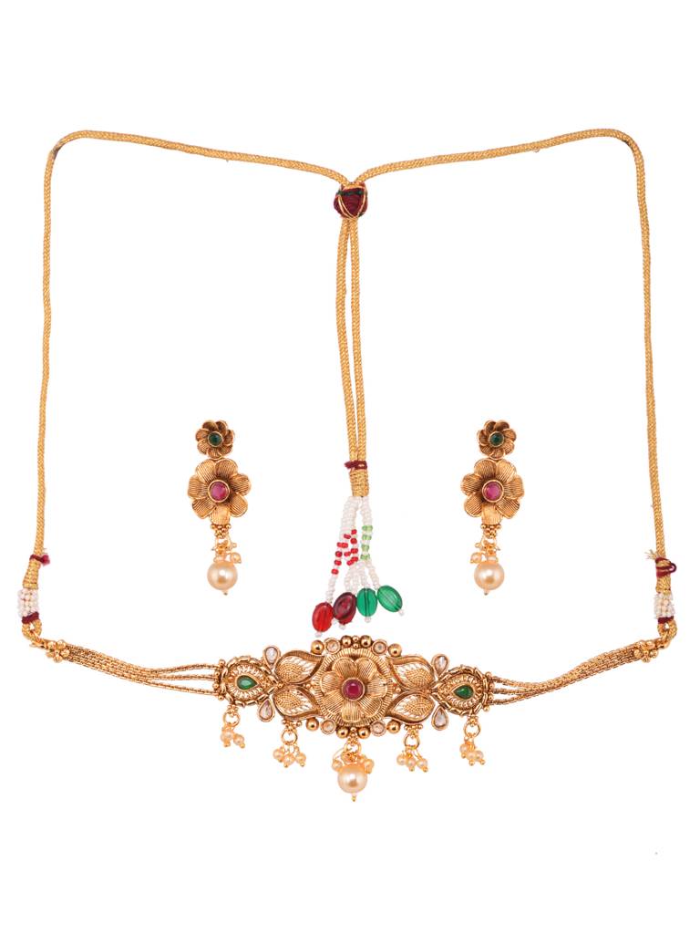 Gold Plated Red Ad Studded Floral Choker Jewellery Set : SJNK1895