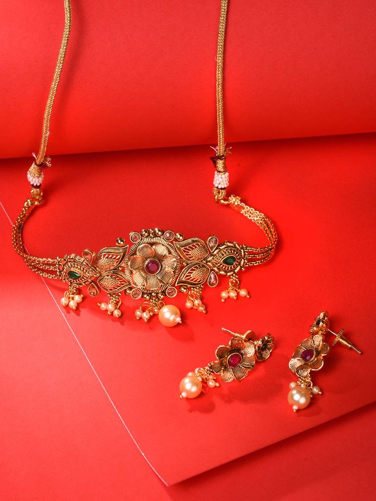 Gold Plated Red Ad Studded Floral Choker Jewellery Set : SJNK1895
