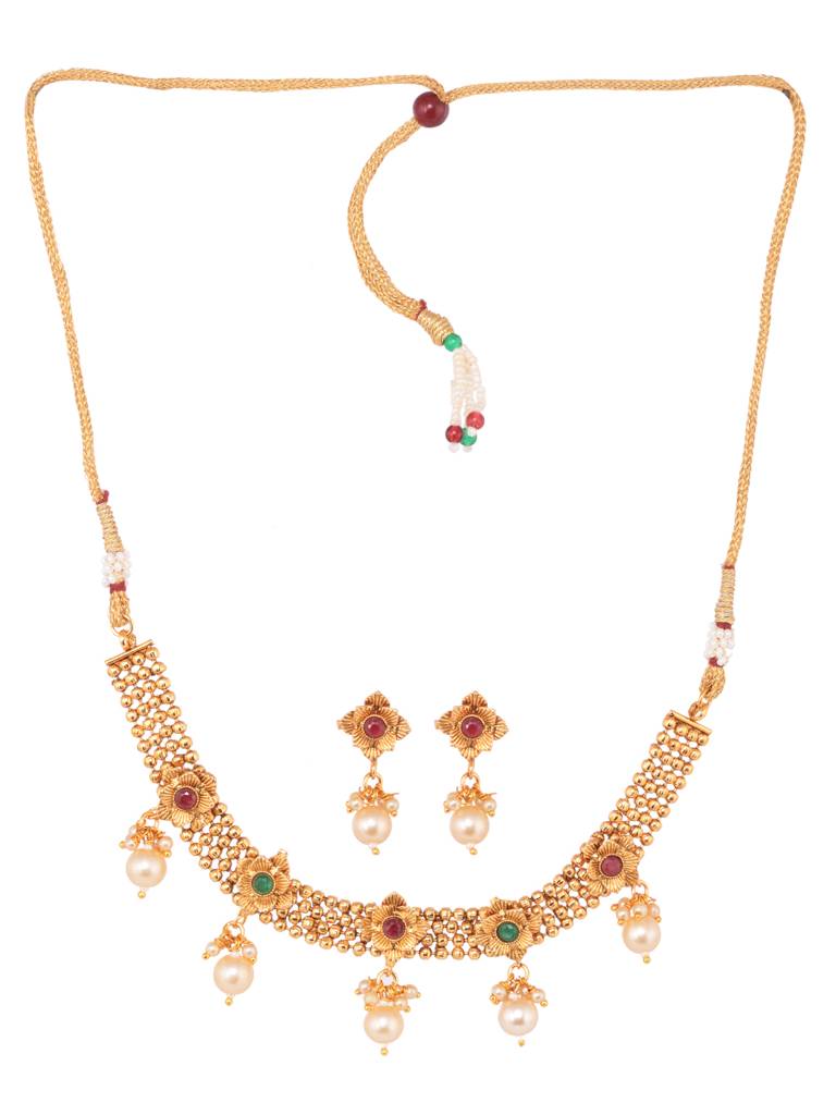 Gold Plated Multi Coloured Pearl Beaded Minimal Jewellery Set : SJNK1896