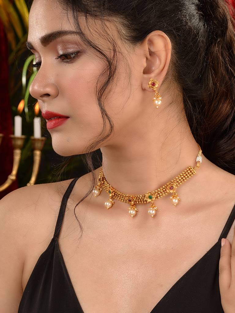 Gold Plated Multi Coloured Pearl Beaded Minimal Jewellery Set : SJNK1896