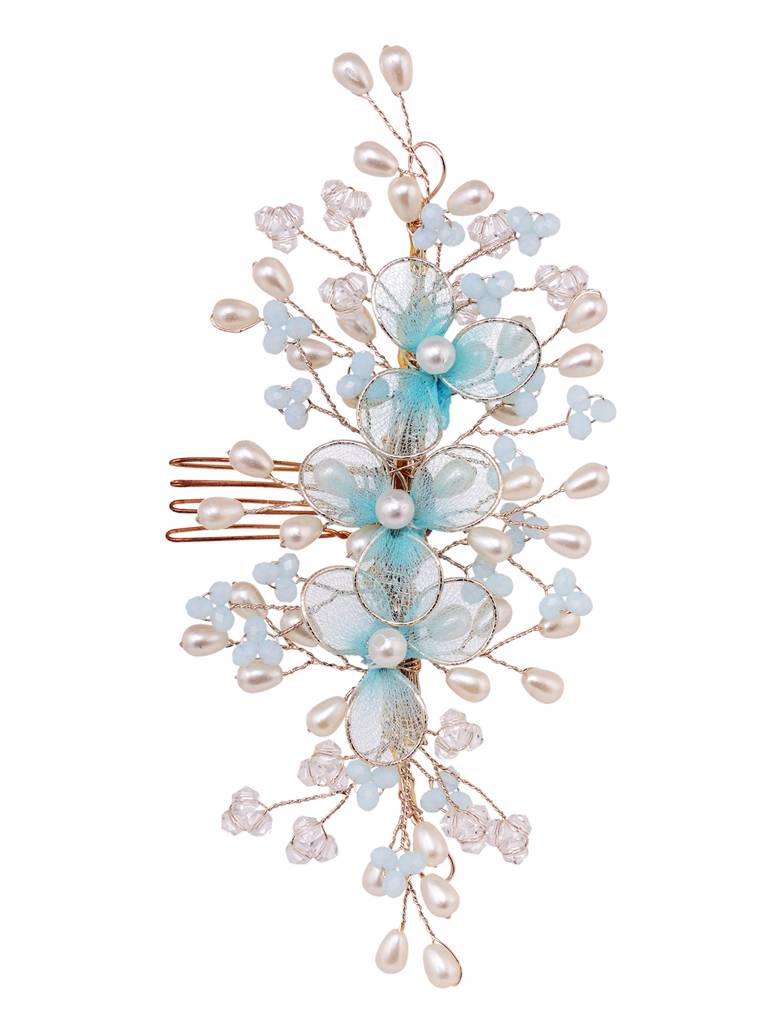 Silver Toned & Blue Stocking Flowers Beaded Hair Accessory : SJHC1898