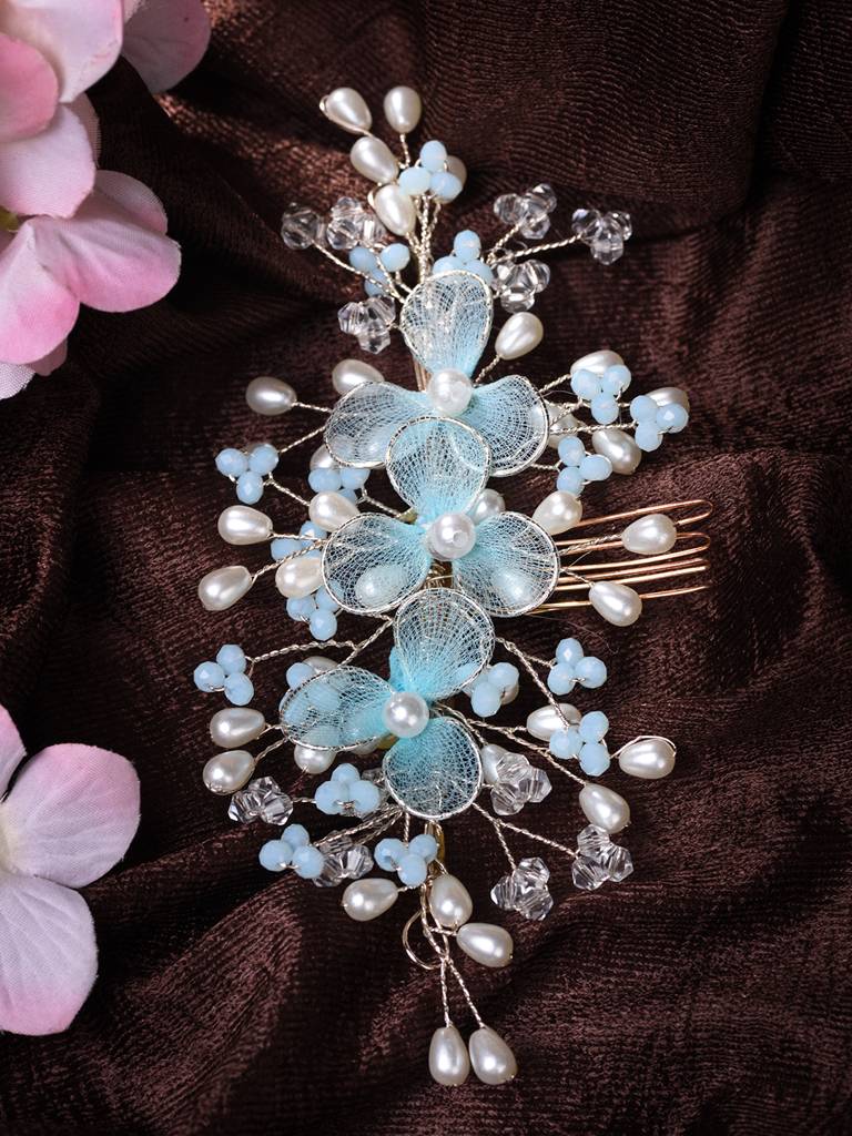 Silver Toned & Blue Stocking Flowers Beaded Hair Accessory : SJHC1898