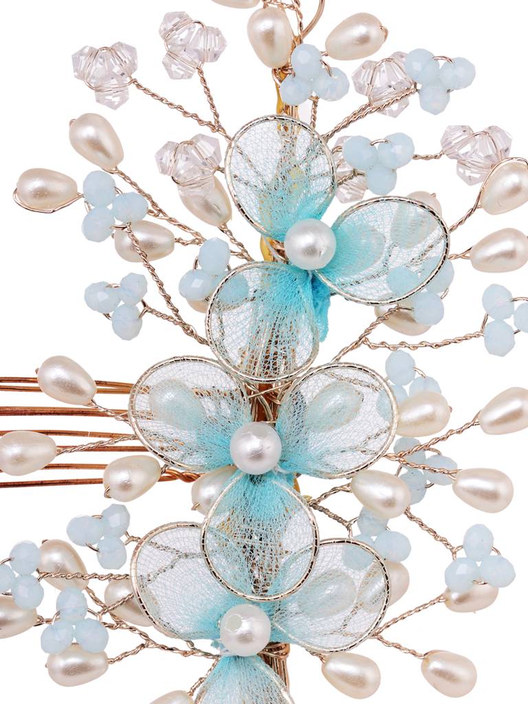 Silver Toned & Blue Stocking Flowers Beaded Hair Accessory : SJHC1898