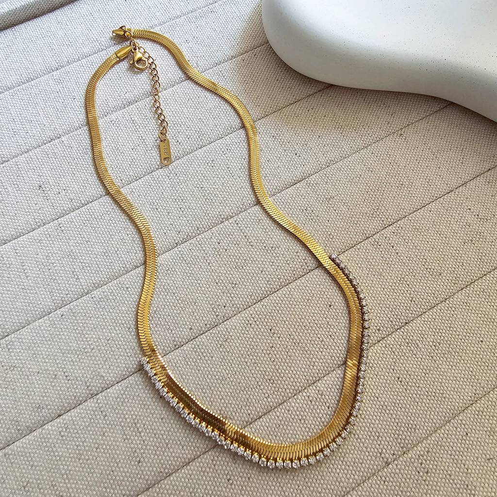 18K Gold Plated Snake Chain Zirconia Tennis Necklace : TAA-9708559794454-NECKLACE