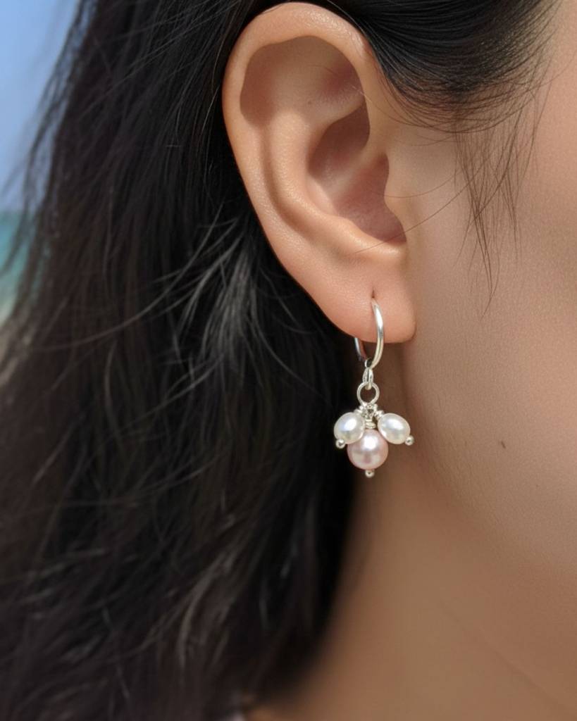 Sterling Silver Pink And White Pearl Hoops | Floating Necklace | Jewellery Set : SSPWHFLN