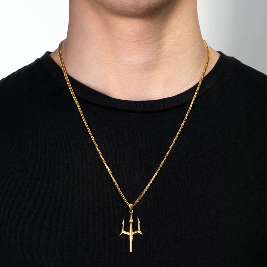 Mens 18K Gold Plated Anti-Tarnish Trident Pendant Necklace Chain : AXU0125PN702G